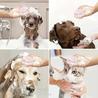 Four images showing a dog, two cats, and a person washing them with soap.