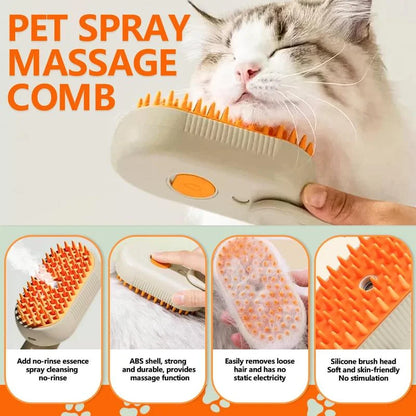 Pet spray massage comb with a cat using it, featuring text and images of the product's features.