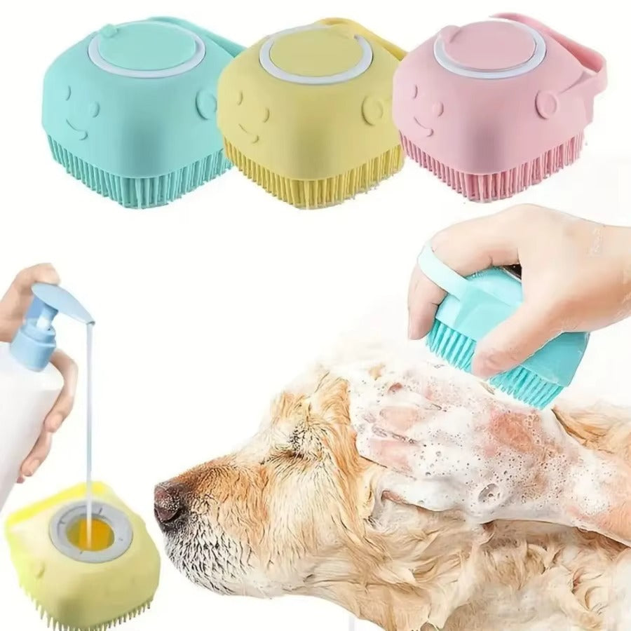 Pet grooming tools including a spray bottle, brush, and bath ball with a dog being groomed.