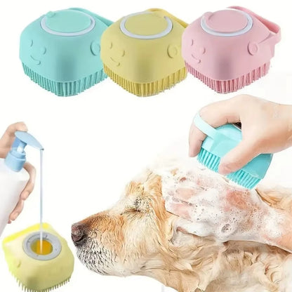 Pet grooming tools including a spray bottle, brush, and bath ball with a dog being groomed.