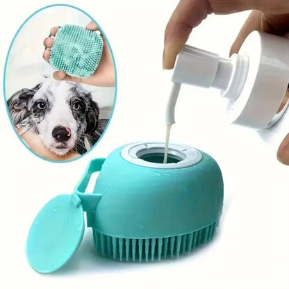 Pet grooming tool with a close-up of a dog's face, being used to apply liquid to the tool.