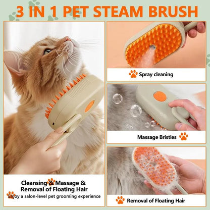 3-in-1 pet steam brush with various uses on a light green background