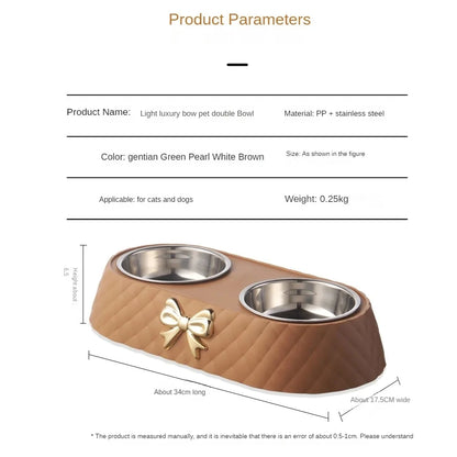 Pet double bowl with dimensions and product details on a white background