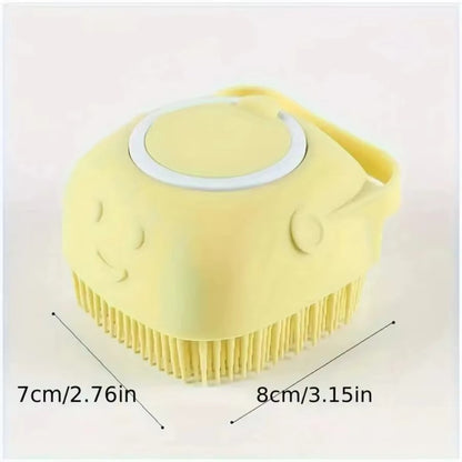 Yellow silicone scrubber with dimensions on a light pink background